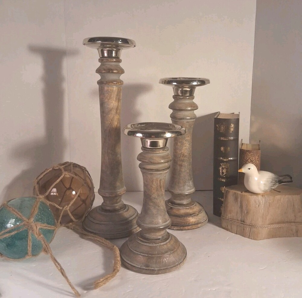 Stella & Eve Mango Wood Candle Holders Set - 3pc Distressed Silver Tops